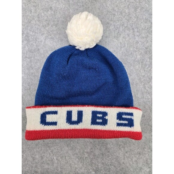 Vintage Cubs Pepsi Knitted Red Blue Winter Ski Cap Hat Advertising Pompom - Picture 1 of 6